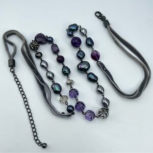Statement Chico’s Statement Necklace Gray Velvet Ribbon Purple Beads Faux Pearls